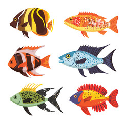 Six colorful tropical fish illustrations, various species, aquatic life theme. Vibrant marine fishes, cartoon style, isolated white background, underwater fauna diversity. Different types fish