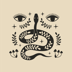 Silhouette of snake with eyes and leaf branches. Abstract minimalist boho vector flat illustration