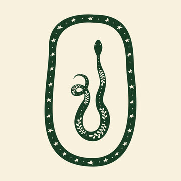recommend clip art: Minimalist bohemian logo of snake silhouette and frame. Mystical vector flat illustration of serpent with leaf branches and stars