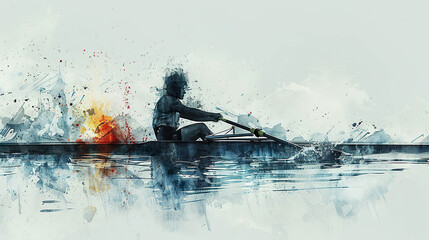 Watercolor Rowing Art, Single Sculler. Generated by AI.