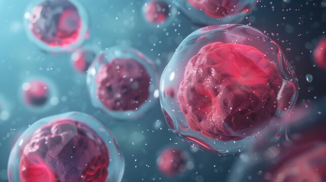 Red and pink biological cells floating in a blue liquid.