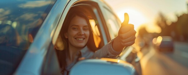 A woman is driving a car and giving a thumbs up. Concept of happiness and positivity