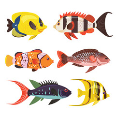 Six colorful tropical fish illustrations isolated white background depicting various fish species cartoon style. Tropical collection bright colors aquatic life ocean wildlife educational material