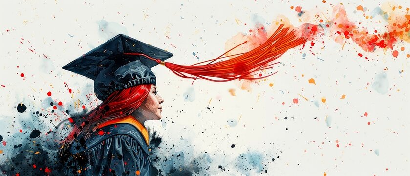 the intricate details of a graduates cap tassel swaying in the breeze, in a realistic watercolor style, focusing on depth and movement