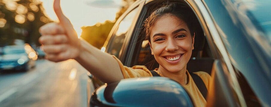 A woman is driving a car and giving a thumbs up. Concept of happiness and positivity