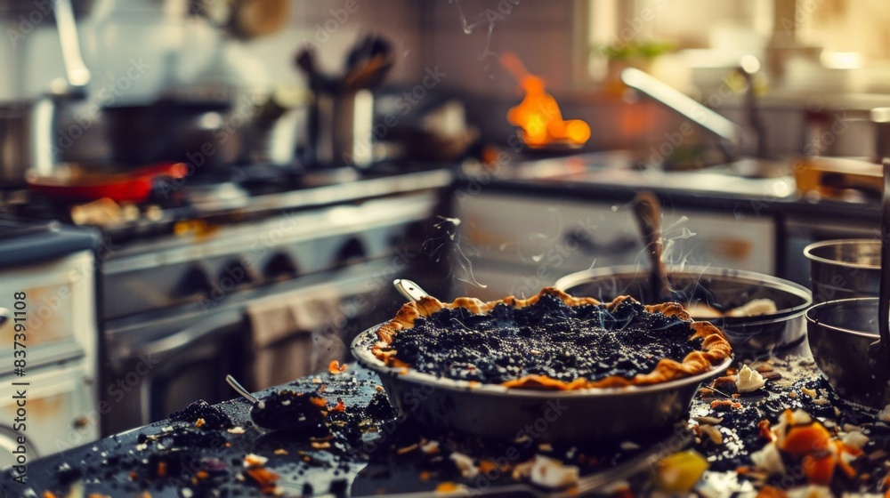 Canvas Prints A messy kitchen with a pie in the middle of it, AI