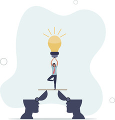 businessman holding idea light bulb walking on the bridge from human head brain to other.flat vector illustration.