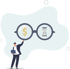 Time is money, investment profit or pension fund, value price or long term investing, saving money or debt payment,flat vector illustration.