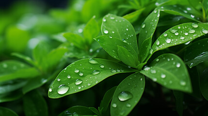Spring rain drops on leaf blurred green nature landscape background