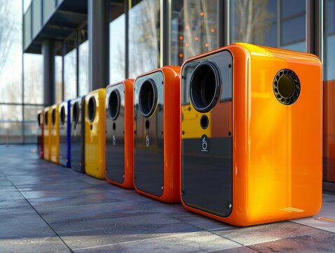 sleek lines and vibrant colors of recycling bins in a modern, photorealistic digital rendering Emphasize the textures and shine of the metal and plastic materials