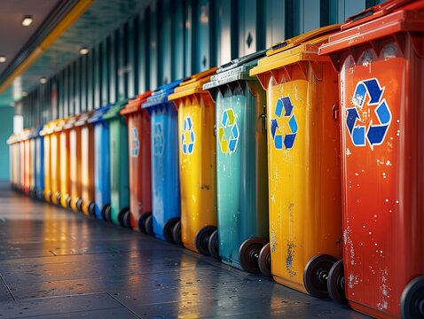 sleek lines and vibrant colors of recycling bins in a modern, photorealistic digital rendering Emphasize the textures and shine of the metal and plastic materials
