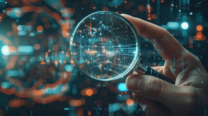 Fototapeta premium QA engineer's hand with magnifying glass revealing hidden bugs in sleek software interface, copyspace included