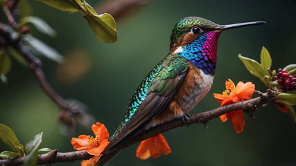 Fototapeta premium A colorful hummingbird sits on a branch