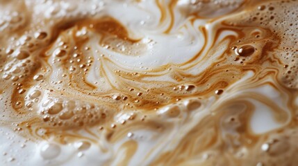 An artistic close-up of a cappuccino's milk foam spiral, capturing the creamy texture and delicate design