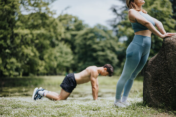 A man and a woman engage in outdoor fitness routines in a peaceful, lush green park environment.