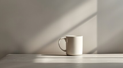 Fototapeta premium Ceramic blank white mug on empty table. Simple minimalistic mockup template for mug print design. Elegant and modern style in pastel matte colors.