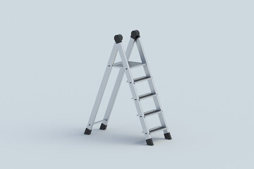 Foldable stepladder on gray background. Portable aluminum ladder. Household tool. Instrument for renovation. 3d render