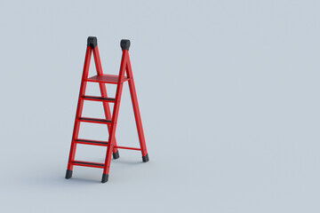 Red foldable stepladder on gray background. Portable aluminum ladder. Household tool. Instrument for renovation. Copy space. 3d render