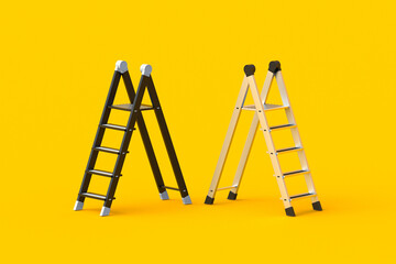 Two foldable stepladders on orange background. Portable aluminum ladders. Household tool. Instrument for renovation. 3d render