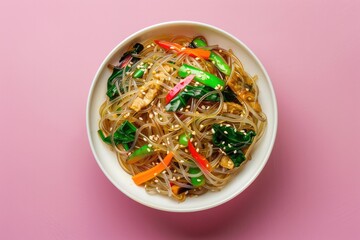 Japchae glass noodles in a white bowl, top view, pastel purple background, diffused lighting, simple style, rich colors, mixed vegetables, sesame seeds