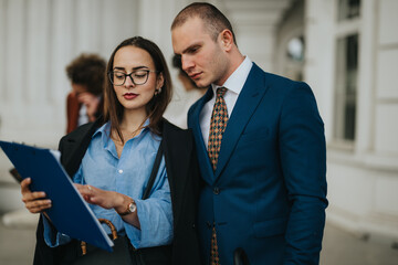 Two professional business colleagues standing together outside, reviewing documents. Teamwork,...