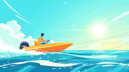 A person enjoying a sunny summer day on a speedboat, with waves splashing