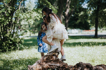 Three young girls enjoy a playful day in a park, climbing on an old tree log under the shade of...