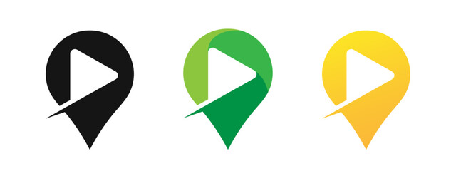 Play button on pin sign vector logo set. Playing map target icons.