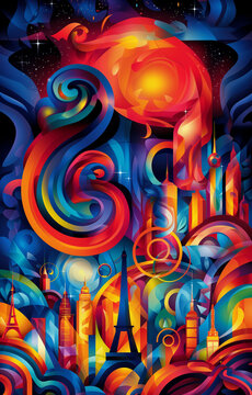 Bold abstract artwork of the Paris skyline with the Eiffel Tower, showcasing lively swirling patterns and rich colors.