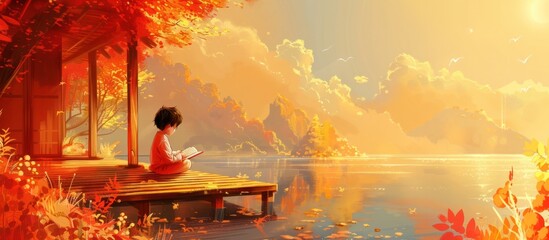 Bright Cheerful of Child Reading on Sunlit Dock