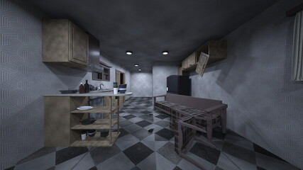 薄暗いダイニングキッチン　3DCGレンダリング