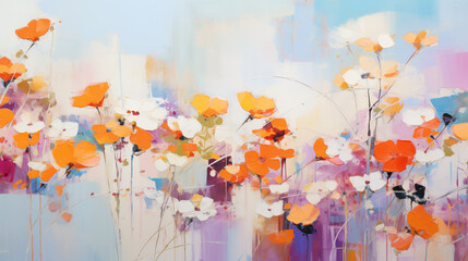 Expressionist floral oil painting. Bright orange and white flowers