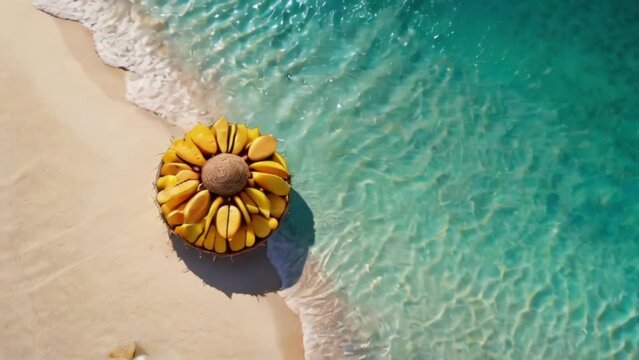Tropical beach concept made of coconut fruit and sun umbrella. Creative minimal summer idea,4k digital video created with generative ai.  