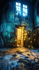 Abstract Light Painting in a Haunted House - Swirling lights illuminating an eerie abandoned house