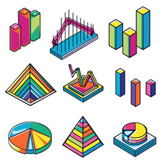 Colorful 3D graphs, charts, diagrams data visualization. Isometric infographics presentations, reports, statistics. Illustration various types charts including bar, line, pie