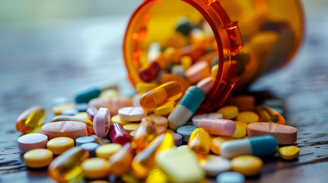 colorful pills close up, pharmacological banner for drugstore with space for text