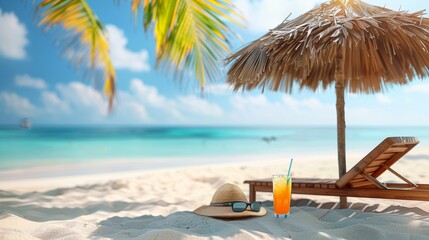 A beach chair and umbrella on the sand with a hat, AI
