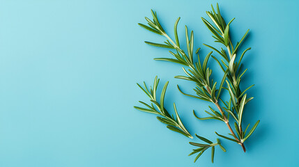 Fototapeta premium rosemary on a light blue background with copy space