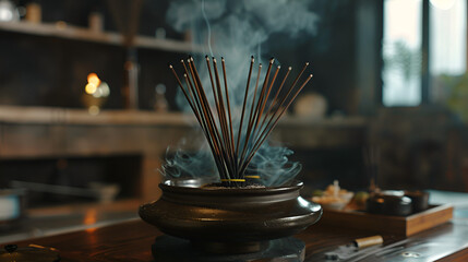incense sticks smoking in jug close up on dark background, esoteric banner
