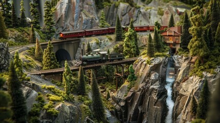 model train navigating a mountainous landscape. The train winds through tunnels and over bridges, surrounded by rugged, rocky terrain and lush forests. The layout includes a waterfall cascading down