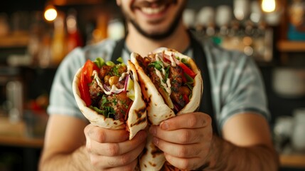 A man holding a large pita sandwich in his hands, AI