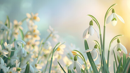 Fototapeta premium snowdrops on garden background with space for text, spring banner with copy space