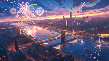 Obraz premium Celebrating Freedom: Majestic Fireworks Display at Iconic American Landmark in Watercolor Painting Style Inspiring Unity and Patriotic Sentiments