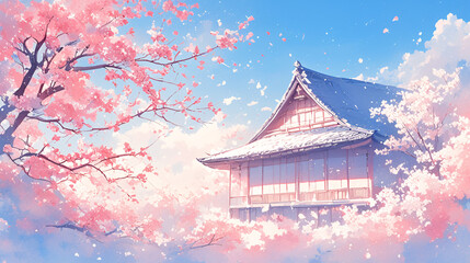 Obraz premium Blossoming Beauty - Cherry Blossom Watercolor Banner in Serene Spring Landscape