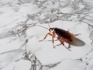 Obraz premium cockroach on a pristine white marble floor, its delicate legs splayed outwards, contrasting sharply against the clean surface. The harsh lighting casts dramatic shadows, emphasizing the grotesque 