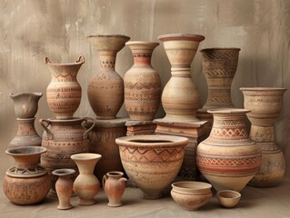A collection of handcrafted pottery vessels used for everyday life in the Indus Valley, including cooking pots, storage jars, and drinking cups. The vessels display a remarkable diversity of shapes