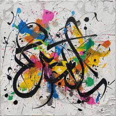 A contemporary piece of calligraphy combining traditional script with abstract, colorful splashes of ink. The vibrant colors contrast with the black calligraphic lines, creating a dynamic