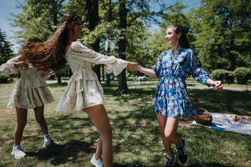 Two cheerful young women in stylish dresses dance care freely in a sunlit park, enjoying a beautiful spring day and each other's company.