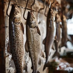 Fototapeta premium artisanal fish market display. The focus is on a few large, beautifully patterned fish hanging on rustic metal hooks, with detailed textures of the scales and fins. The background features a rustic