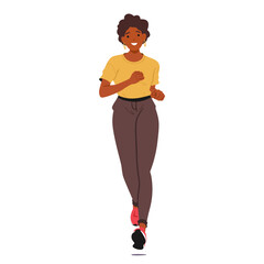 African American Woman Enjoying A Leisurely Run. She Sports A Relaxed Yellow T-shirt And Comfortable Joggers